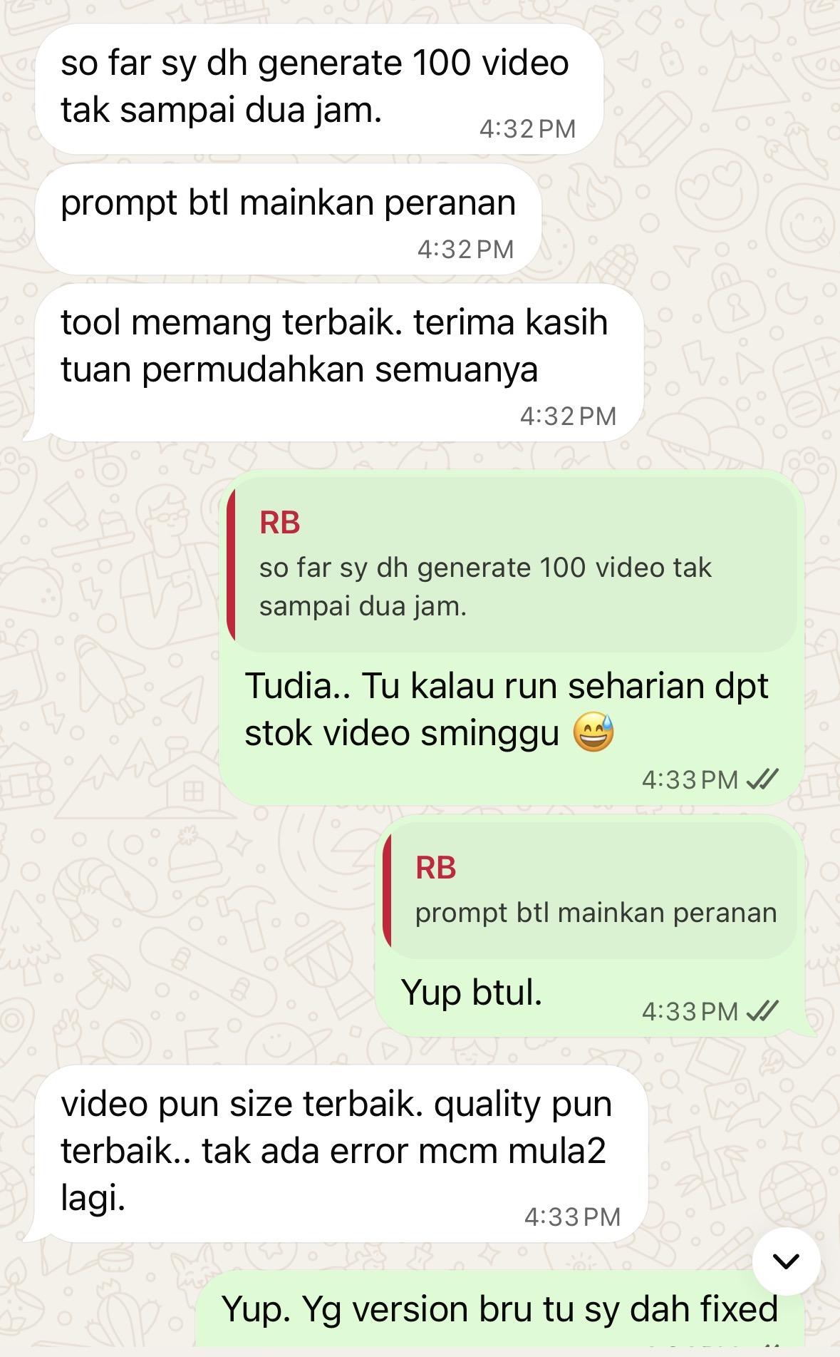 Screenshot WhatsApp pengguna menyebut 100 video dibuat dalam kurang dua jam
