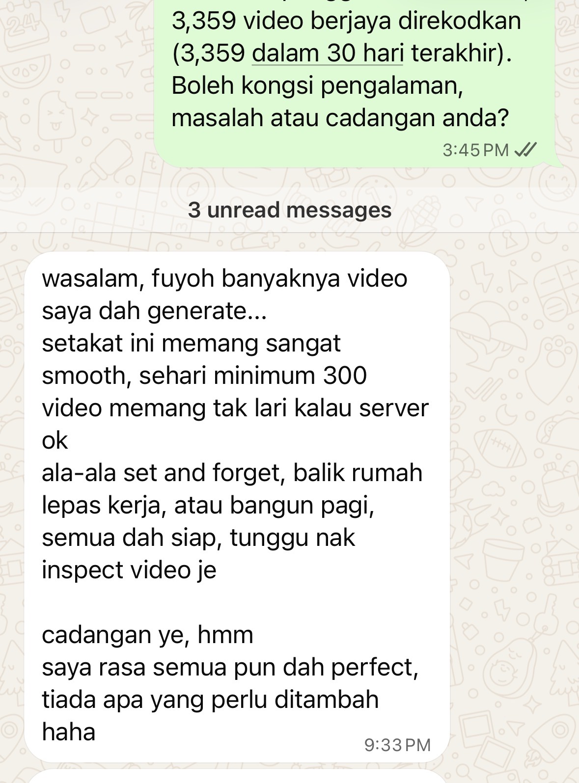 Screenshot WhatsApp pengguna menyebut 3,359 video berjaya direkodkan dalam 30 hari terakhir