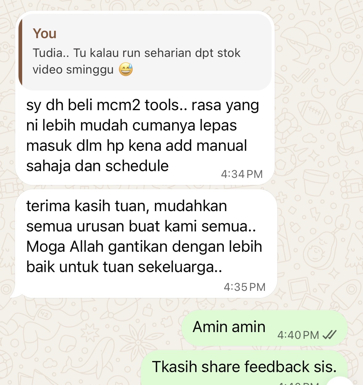 Screenshot WhatsApp pengguna menyebut NEXAUTO lebih mudah daripada tool lain