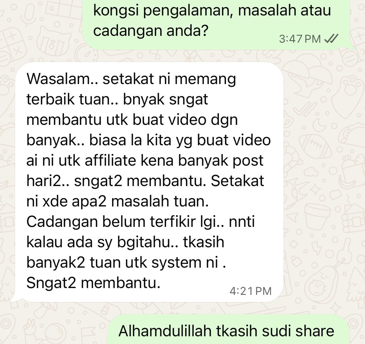 Screenshot WhatsApp pengguna menyebut sistem membantu buat banyak video affiliate