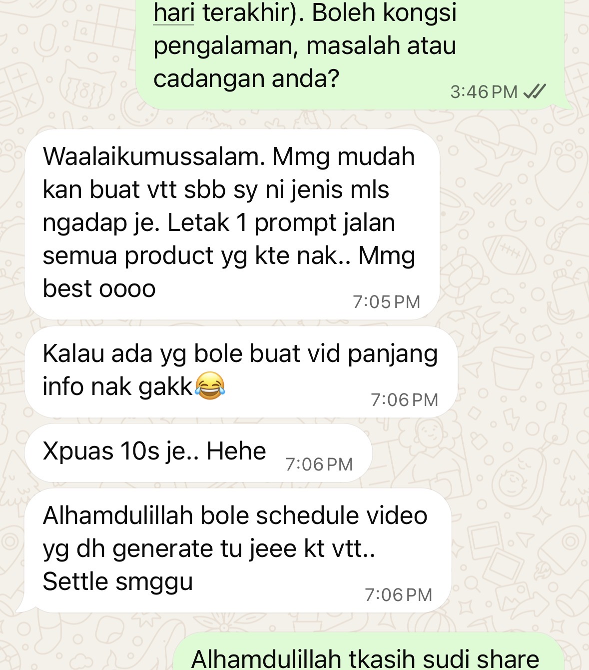 Screenshot WhatsApp pengguna menyebut satu prompt boleh jalan untuk semua produk
