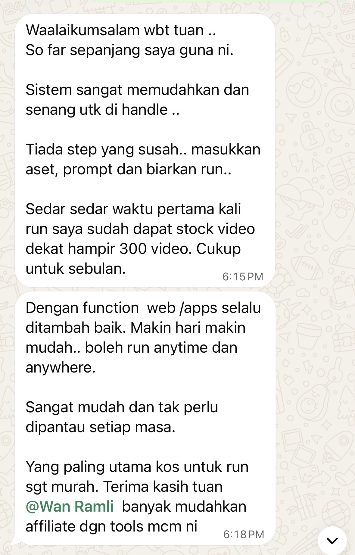 Screenshot WhatsApp pengguna menyebut hampir 300 video sebagai stok sebulan