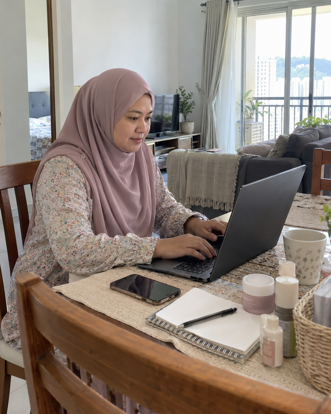 Affiliate bekerja di laptop dalam rumah Malaysia pada waktu siang
