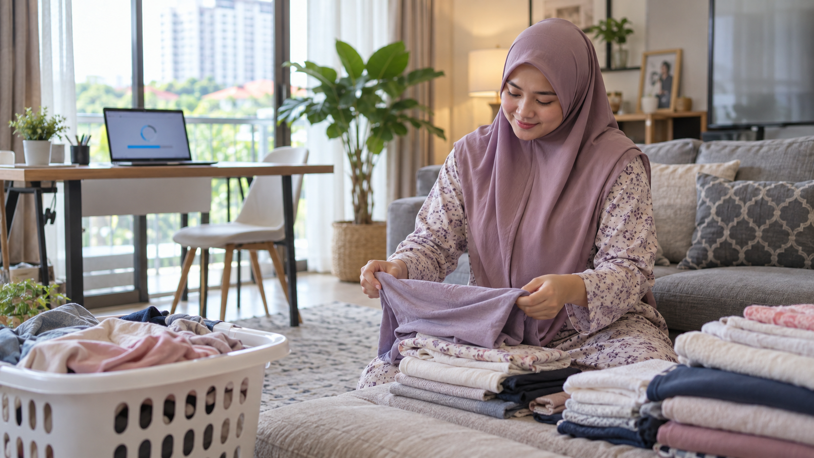 Muslimah mengemas rumah sementara laptop berjalan dengan selamat di meja