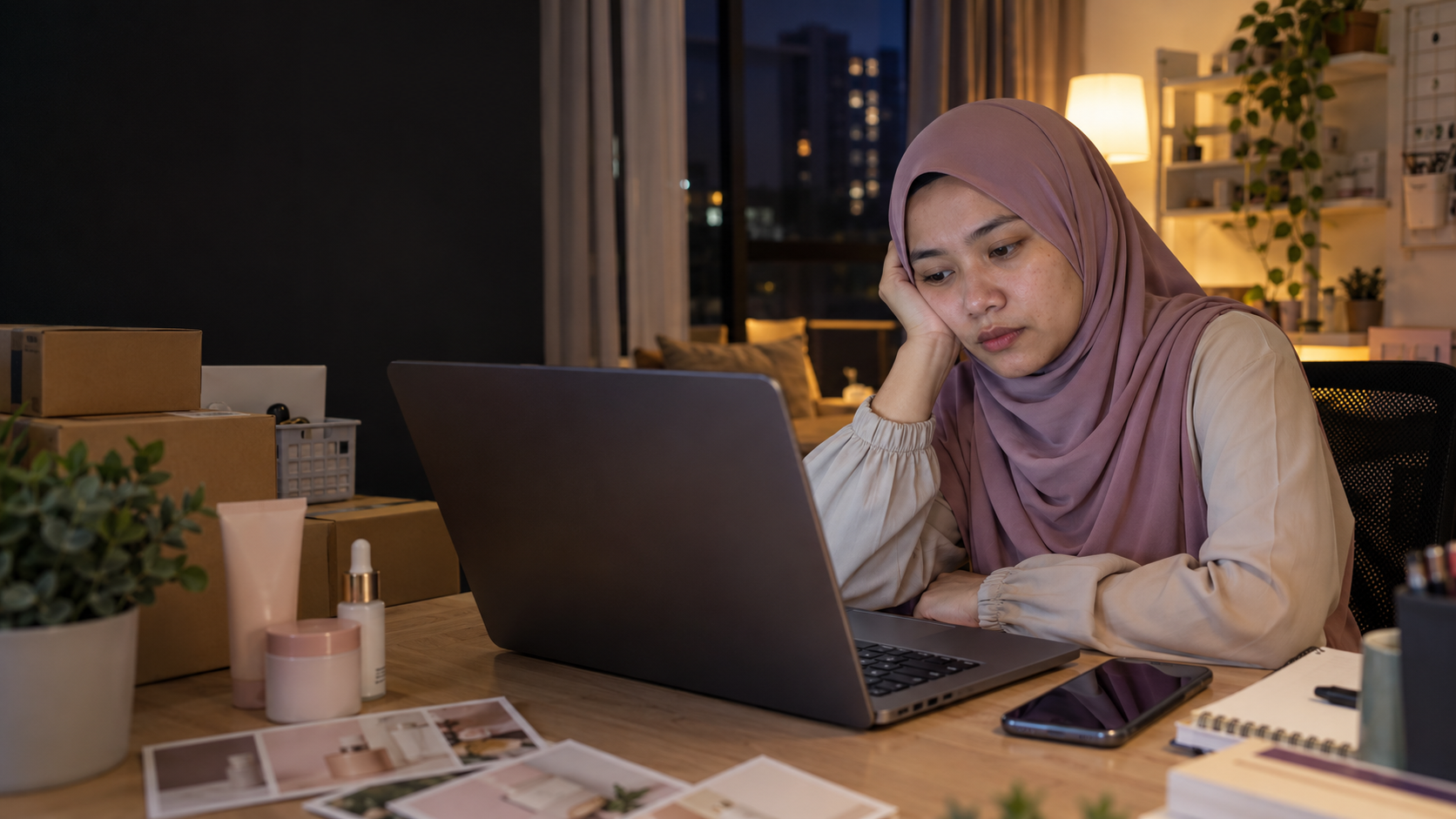 Affiliate sedang penat bekerja satu-satu pada laptop